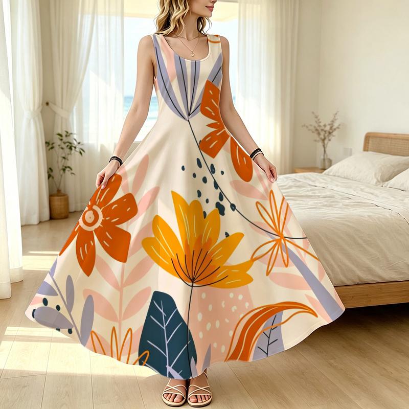 Floor Length Sleeveless Loose Fit Maxi Dress Lightweight Flowy,Perfect for Beach Vacation,Daily Casual Outings,Fashion Versatile