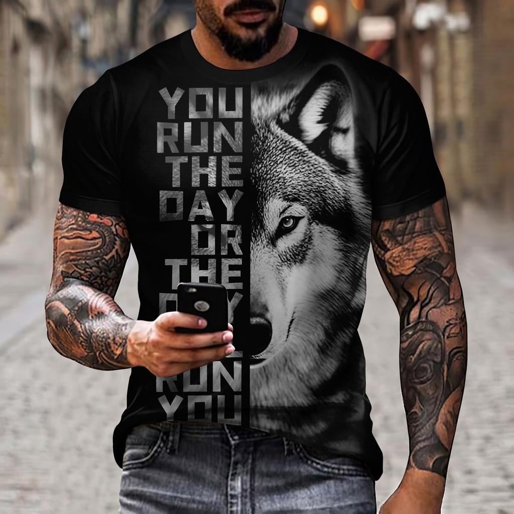 Новая летняя мужская футболка с круглым вырезом и 3D принтом волка на открытом воздухе, повседневная, из полиэстера, с коротким рукавом, модельер, уличный топ