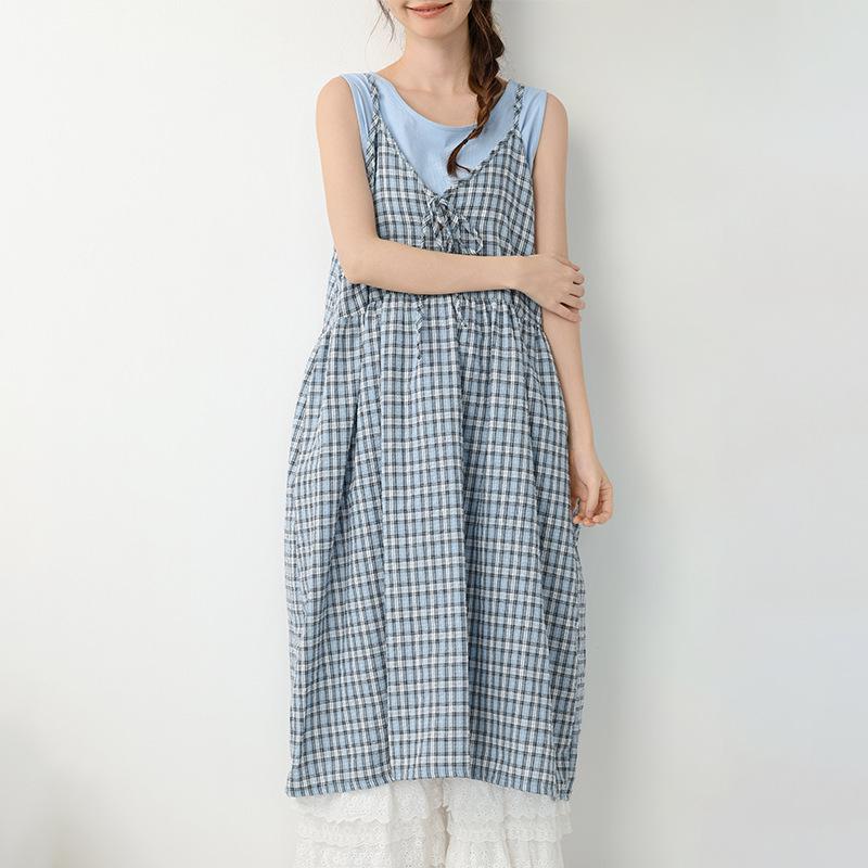 2026 Spring/Summer Mori Girl Lace-up Plaid Maxi Dress - Versatile Layered Camisole Skirt