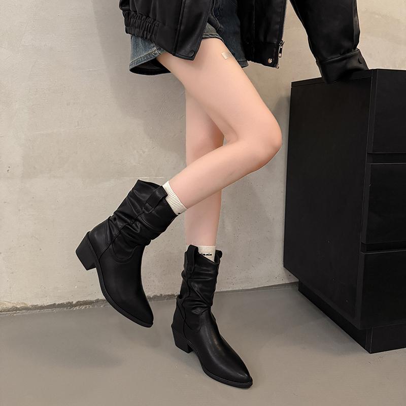 Мода 2025 Новый стиль Высокие каблуки Плиссированные сапоги для женщин Осень Зима Кожаные сапоги в западном стиле Женские сапоги на толстом каблуке