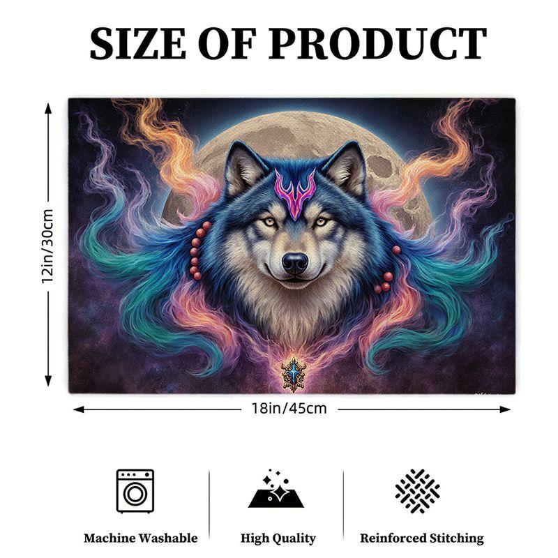 4pcs/6pcs Rectangular Placemats Suitable for Home & Restaurants - Mysterious Blue Wolf Iridescent Rune Table Mats with Star & Moon Design, Heat-Resist