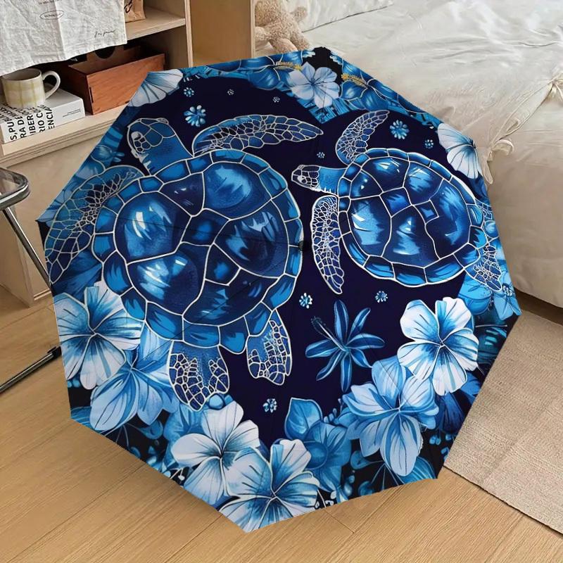 1pc Blue Floral Turtles Circular Artwork Umbrella with Plastic Handle,Suitable for All Seasons Home Travel Outdoor UmbrellaDD036