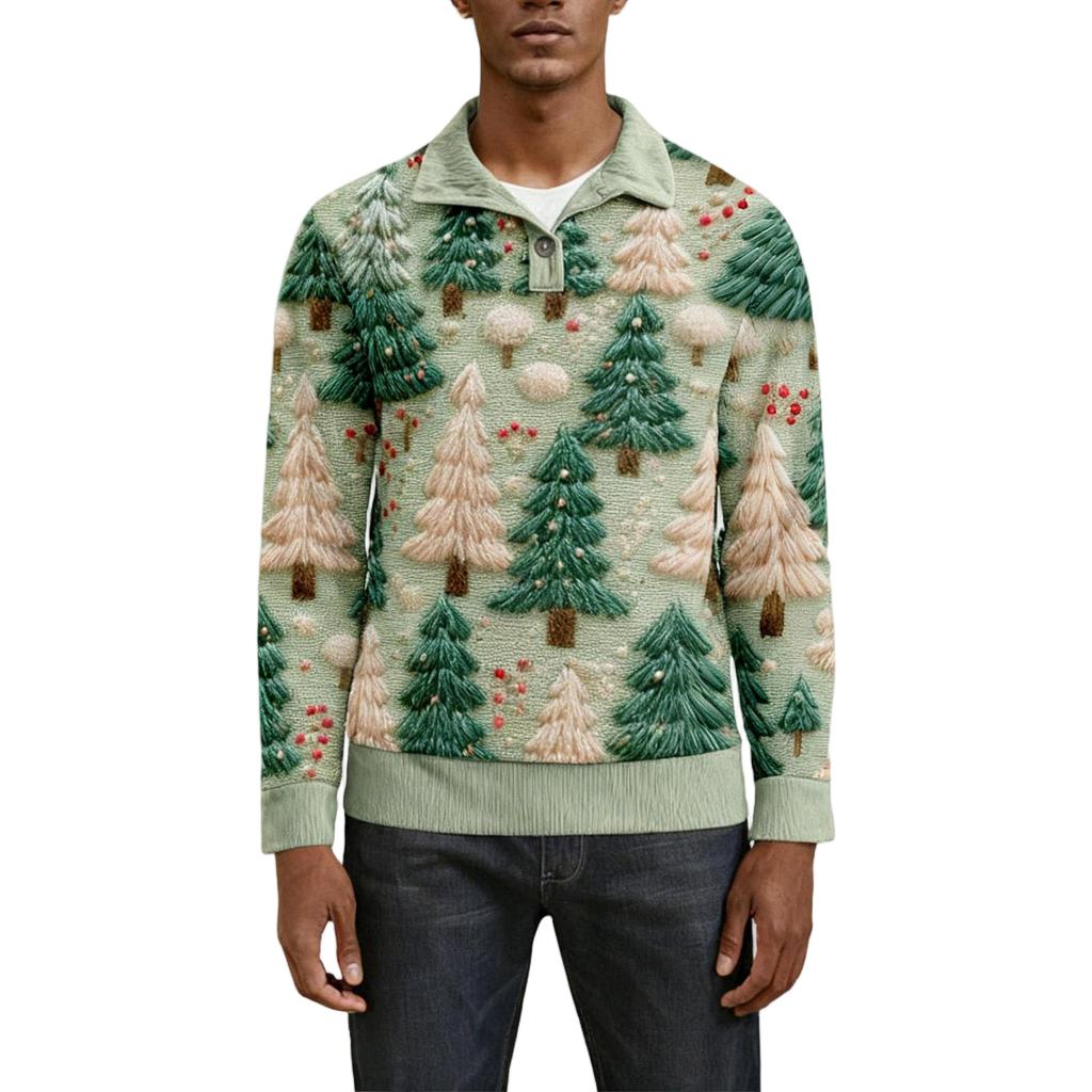 Мужская рождественская хлопковая рубашка-пуловер с длинным рукавом для активного отдыха, винтажная вельветовая рубашка с воротником-стойкой и пуговицами, повседневная толстовка с рождественским принтом