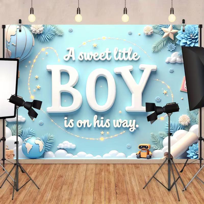Милый Гобелен для Мальчика, Мягкий Синий Фон с Надписью "BOY", Воздушный Шар и Причудливый Декор, Милое Настенное Искусство для Детской