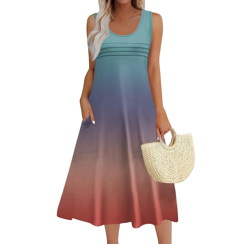 Женское модное пляжное платье без рукавов с круглым вырезом и карманами, длинные платья с градиентом