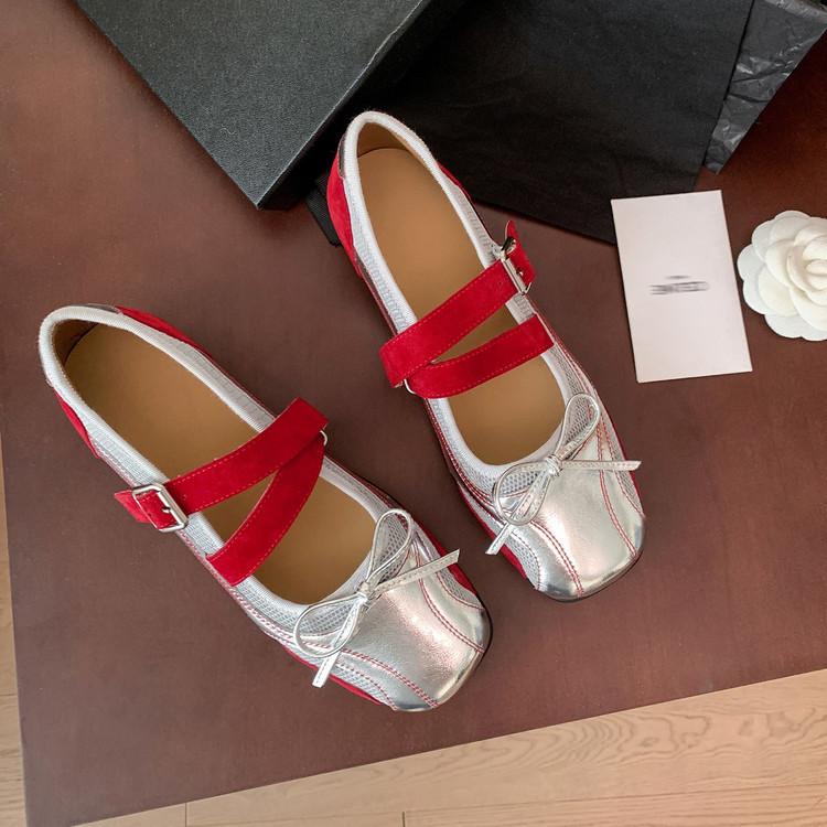Кожаная версия~ Серебристый бант туфли-лодочки женские с мелким вырезом новая кожаная обувь на плоской подошве с мягкой подошвой французские ретро туфли Мэри Джейн