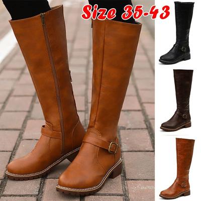 Женские зимние повседневные высокие сапоги, женские модные кожаные сапоги до колена, рыцарские сапоги на молнии, ковбойские сапоги, большие размеры 35-43
