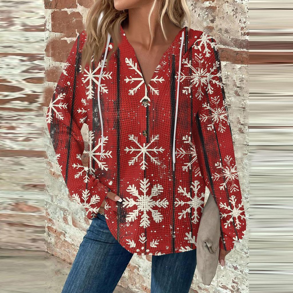 Женская мода с длинным рукавом, завязками на шнурке, капюшоном, пуговицами, V-образным вырезом, повседневная толстовка с капюшоном и рождественским принтом