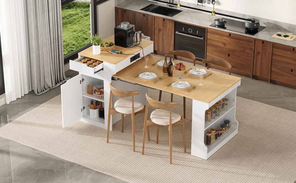 Kitchen Island with Casters, Extendable Dining Table with Power Strips and Two Drawers, Serves as Sideboard or Buffet for Dining Room (White)