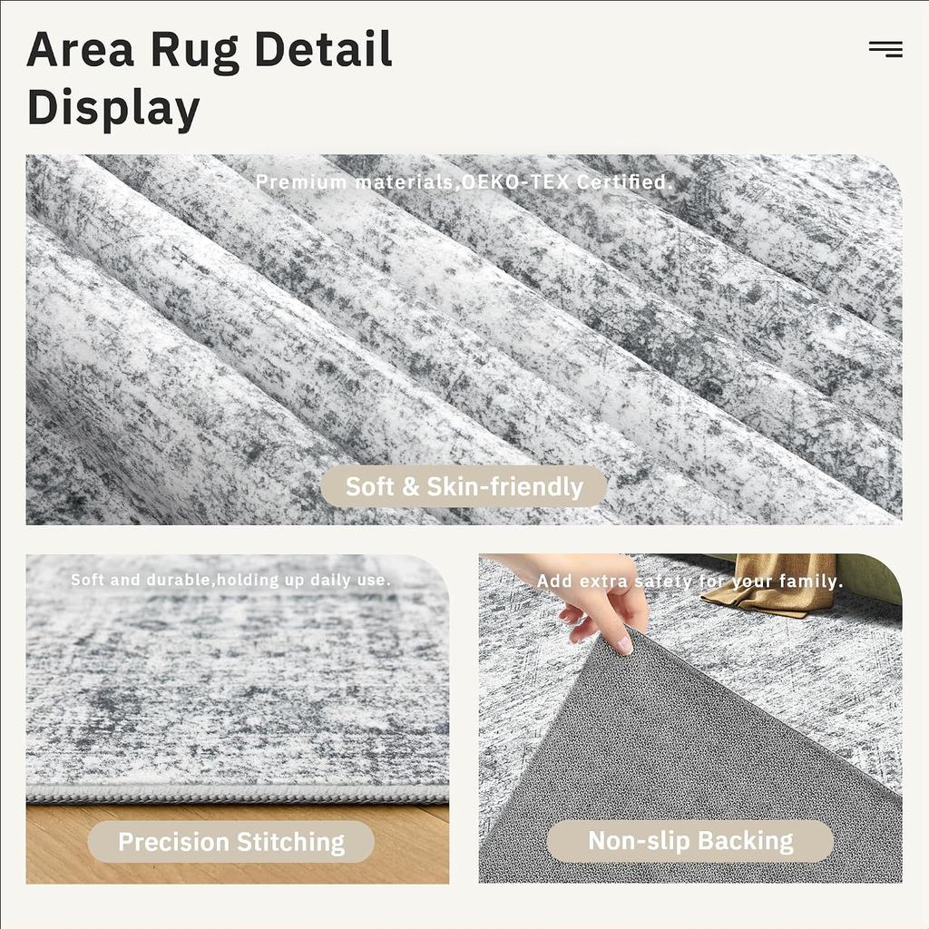 Modern Round Abstract Area Rug Gray White Low Pile Circular Living Room Carpet Washable Geometric Home Decor