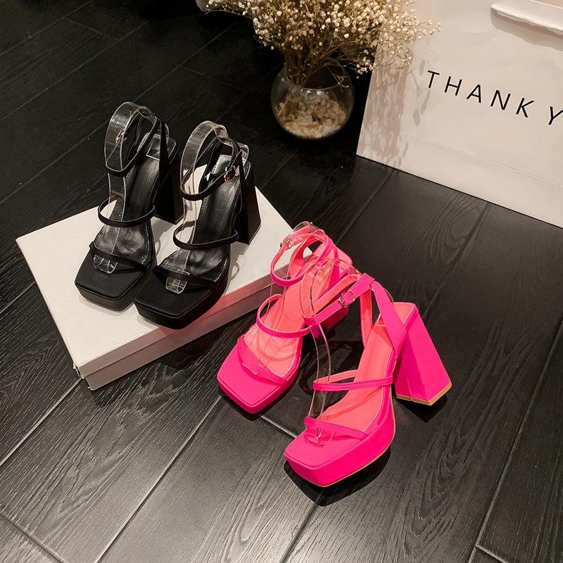 Женские босоножки с ремешком на щиколотке, квадратный носок, платформа, толстый высокий каблук с пряжкой, пикантная женская модная обувь, летняя персиково-черная обувь 42