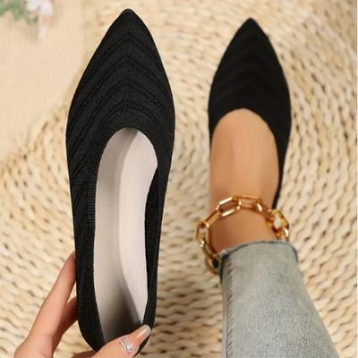 Женские туфли с острым носком на плоской подошве, однотонные вязаные туфли без застежек, повседневная дышащая обувь