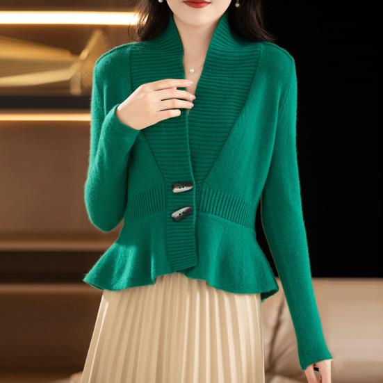 Women Sweater Coat V-Neck Long Sleeve Ruffle Hem Knitting Sweater Solid Color Slim Fit Waist Tight