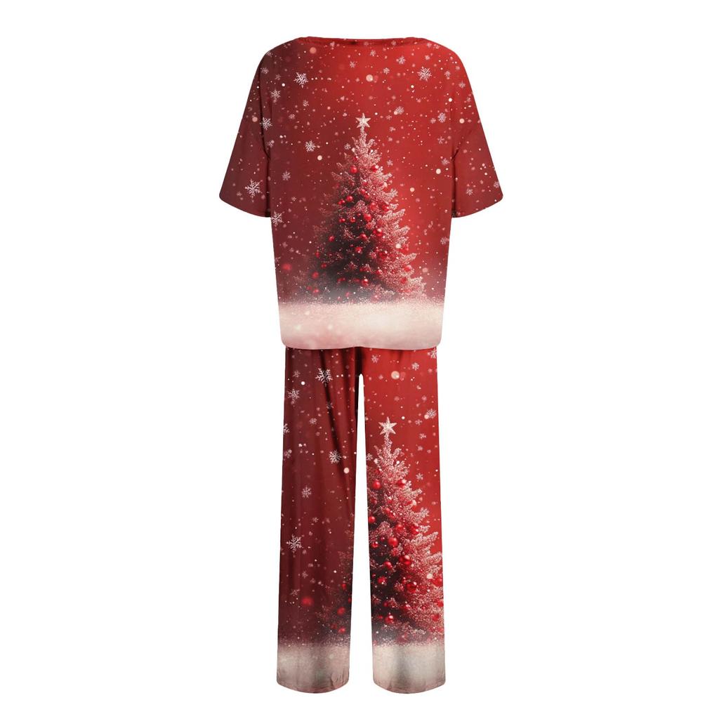 Женский шелковый атласный пижамный комплект с рождественским принтом, рубашка с коротким рукавом и длинные пижамные штаны, мягкая домашняя одежда