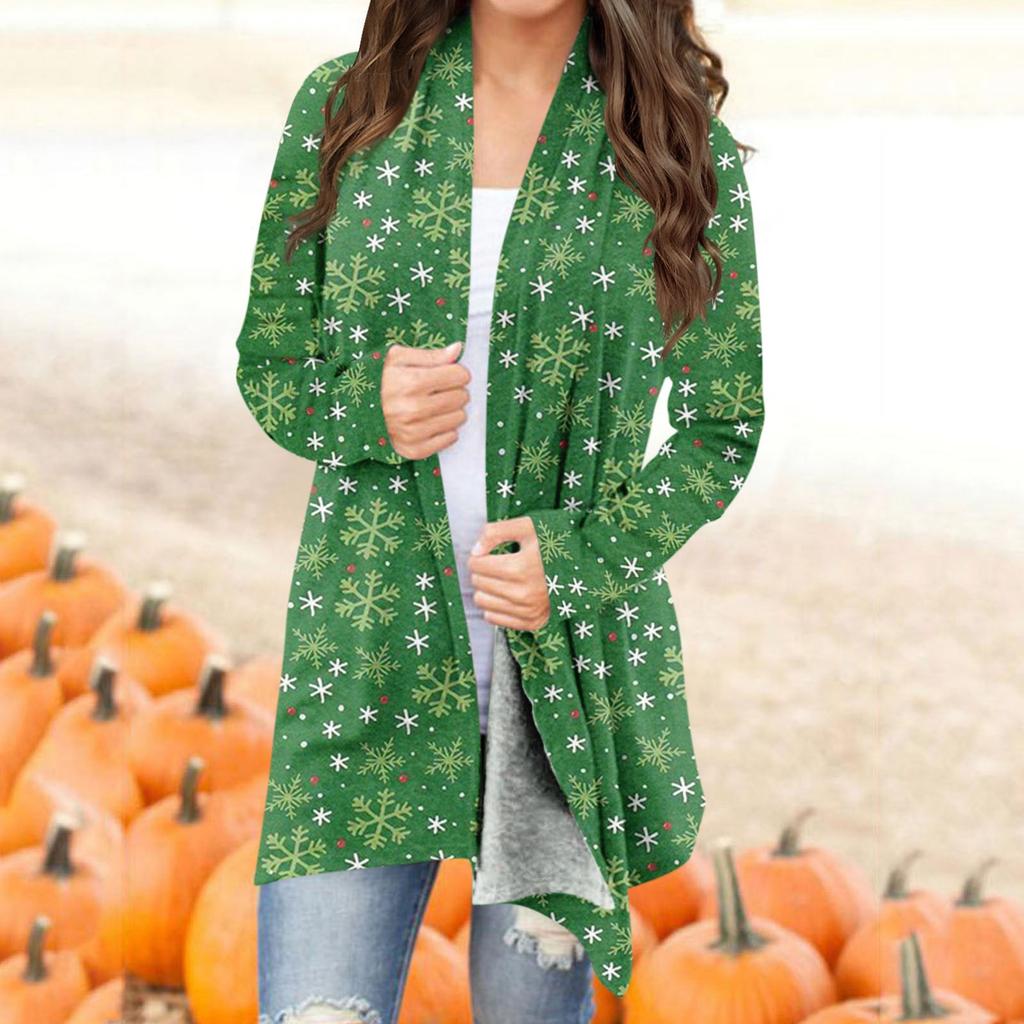 Женская мода, повседневный рождественский принт, кардиган средней длины, куртка, пальто