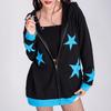 Womens Winter Hooded Zip-Up Sweater With Star Patch Print Streetwear Knit Top