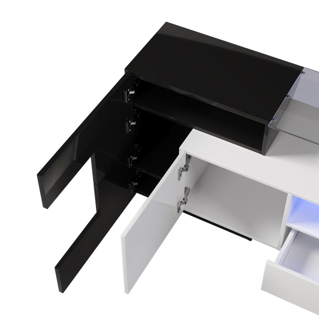 Stylish TV cabinet, low panel. High-gloss white and black, 200 cm, LED lighting. Living room furniture. Modern design. Elegant glass surface.
