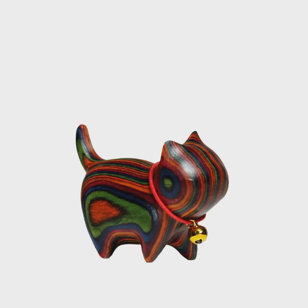 Colorful Wood Carvings: Adorable Mini Wooden Cat Figures
