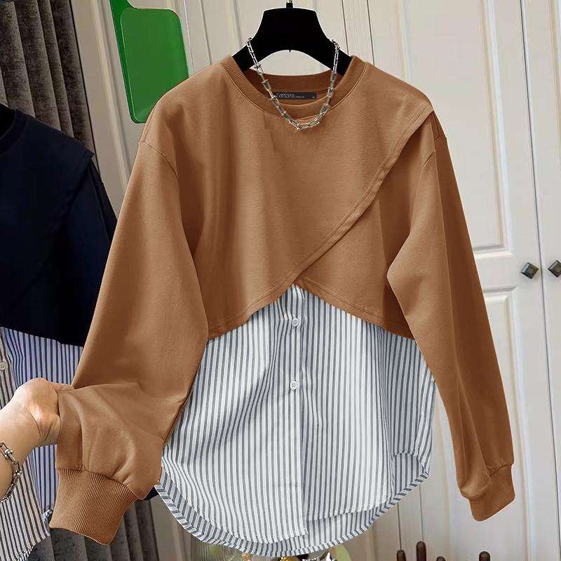 ZANZEA Женская повседневная блузка в полоску с круглым вырезом и длинным рукавом в стиле пэчворк