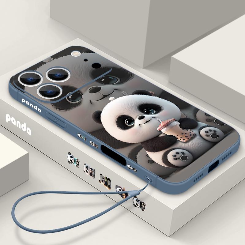 Чехол для iPhone 17 Pro Max с Пандой, пьющей молочный чай, с мягким силиконовым ремешком-шнурком, Чехол для iPhone 16 Pro Max, Чехол iPhone 15 14 13 12 11 16E Air