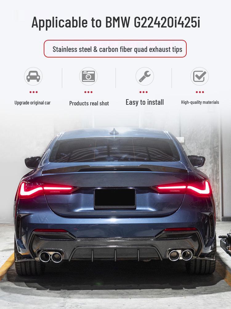 Квадракромированные выхлопные трубы из нержавеющей стали и черного углеродного волокна для BMW 4 серии (425, 430, G22, G26) - Не требуется резка/сварка