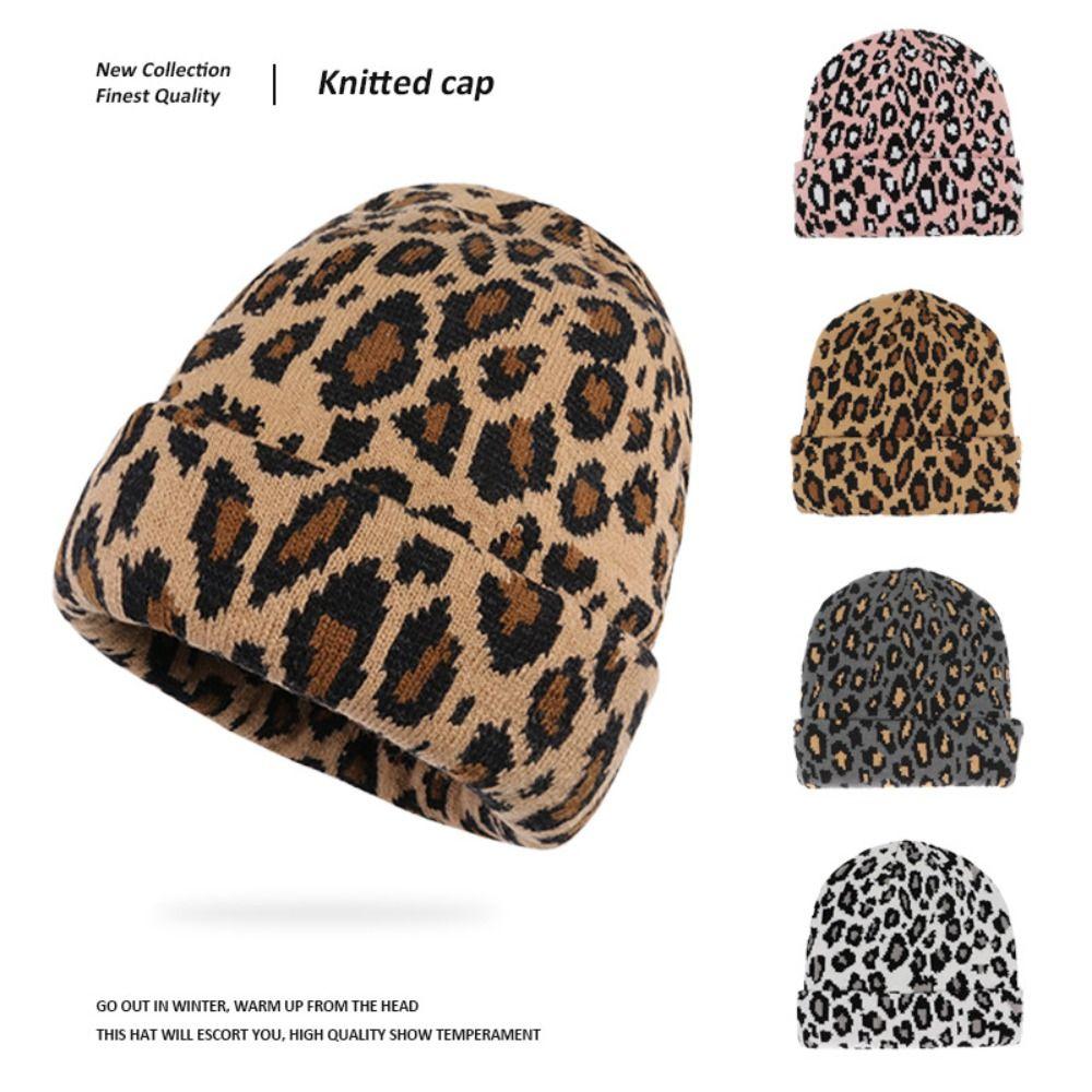 Jacquard Leopard Knitted Cap Soft Beanies Hat Y2K Fashion Thick Warm Hat  Unisex