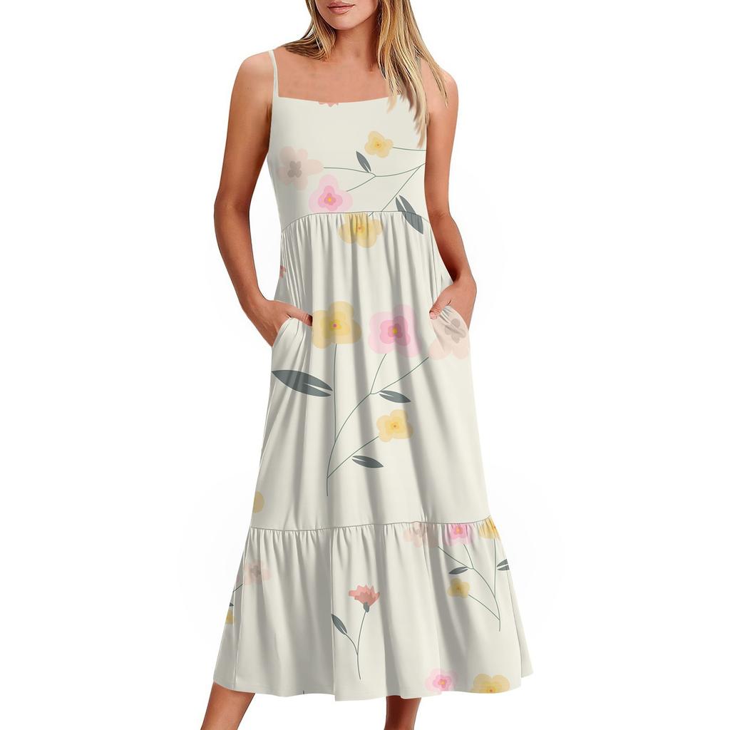 Women's Long Beach Casual Elegant Spaghetti Strap Maxi Dress Floral Low-key Flowing Bohemian Dress