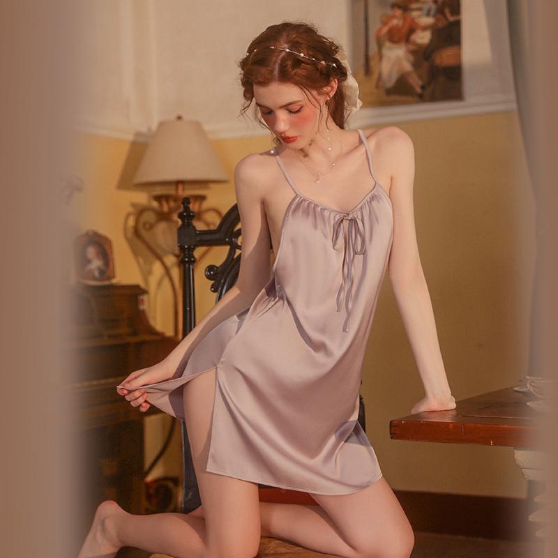 Сексуальная пижама для женщин весна и лето однотонная тонкая пижама с открытой спиной и V-образным вырезом шелковое платье для женщин