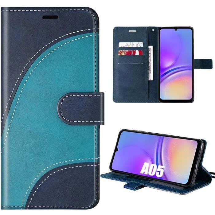 Coque de protection - BOOLING - Samsung Galaxy A05 - Cuir PU Bleu - Poche à cartes - Support réglable