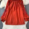 Summer Vintage Women Blouse Embroidered Puff Sleeve Color Block Ethnic Style Camisa Feminina Casual Tops