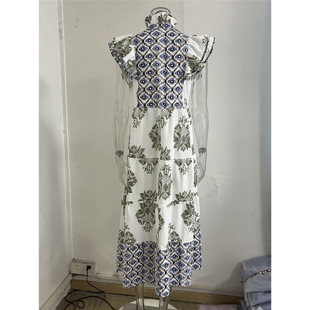Women's Summer Flying Sleeves V-neck Dress Floral Print Stand Collar Midi Dress