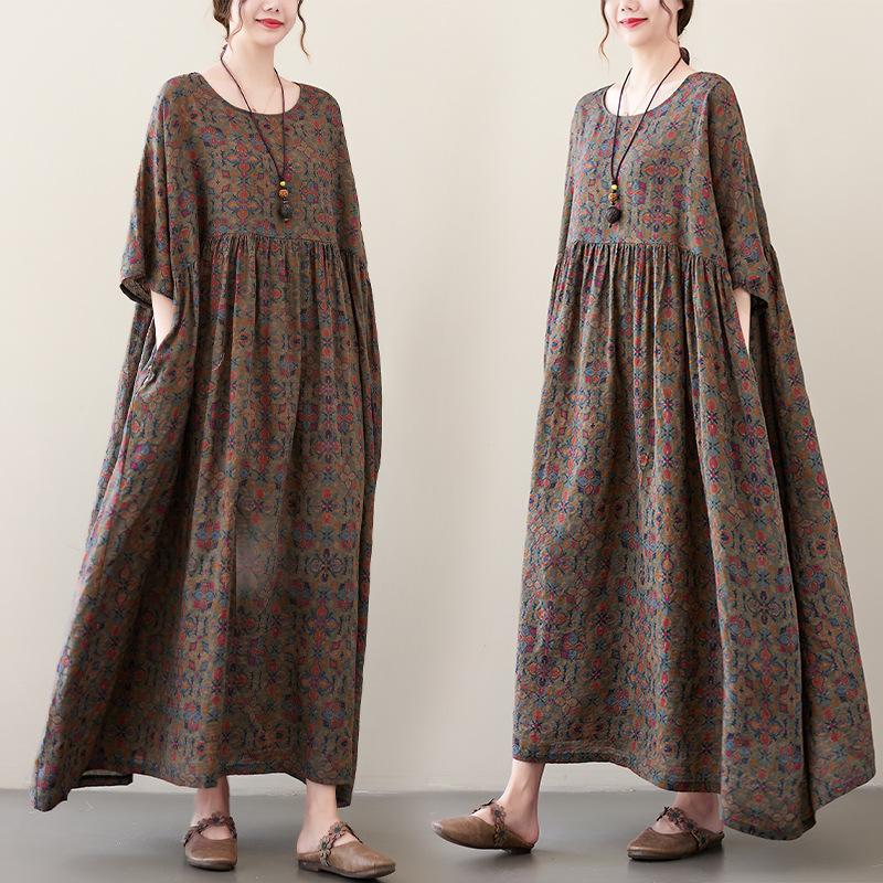 Летнее литературное винтажное женское хлопковое платье А-силуэта с круглым вырезом Платья больших размеров