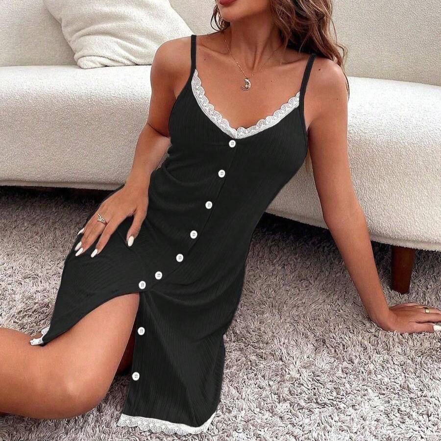 Fashion Sexy Slim Solid Lace buttonWomen Trim Underwear Button Pink Camisole Nightdress Mini Sleepwear Summer Nightgown Homewear