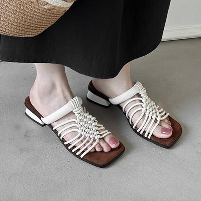 Плетение из соломы Летний Размер 40 Высокое качество Слипоны Французский шик Толстый каблук Женские босоножки с открытым носком