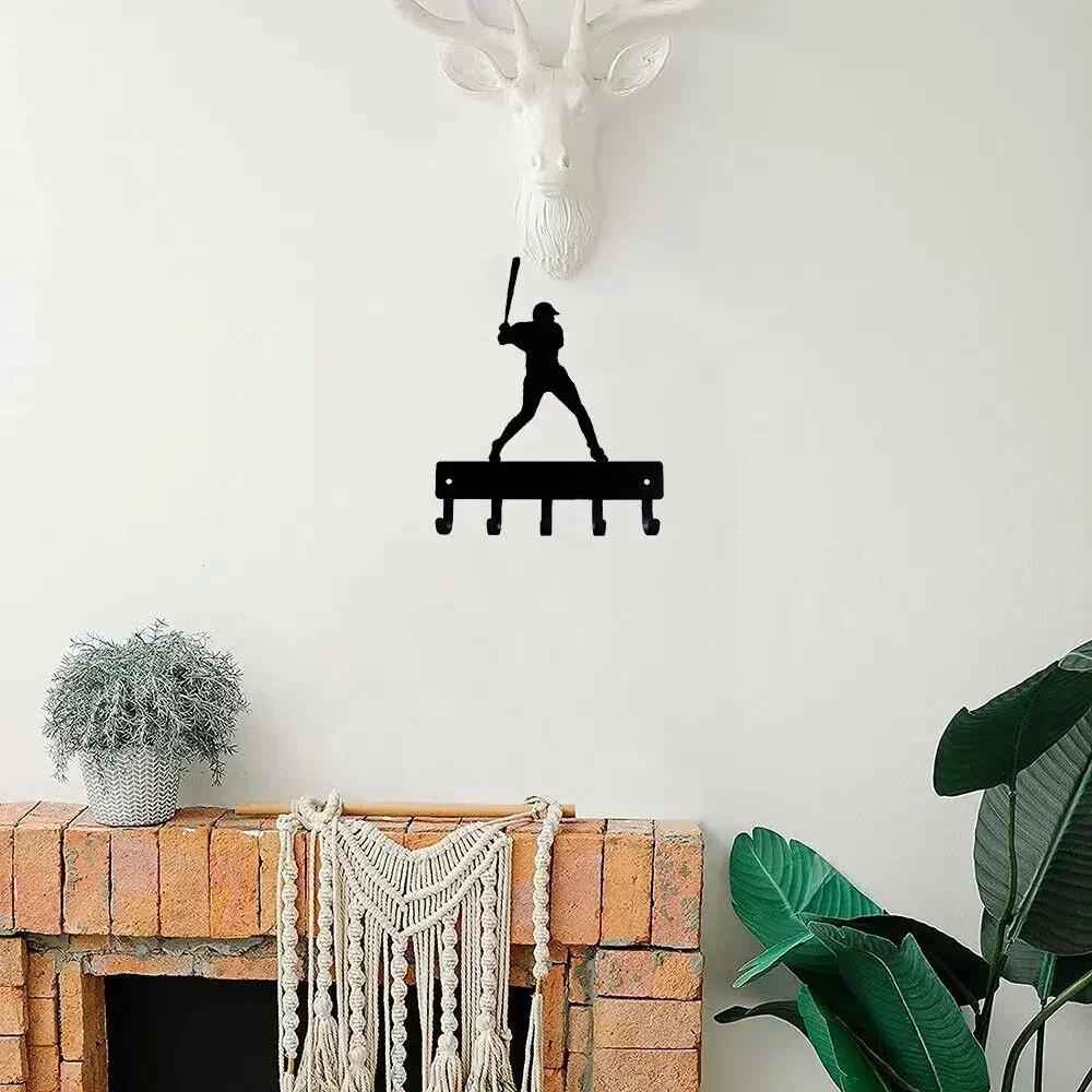 Baseball Batter Sport - Key Hooks Holder - 6 Inch Wide Metal Wall Art Iron Crafts, Decorative Organizer for Sports Enthusiasts