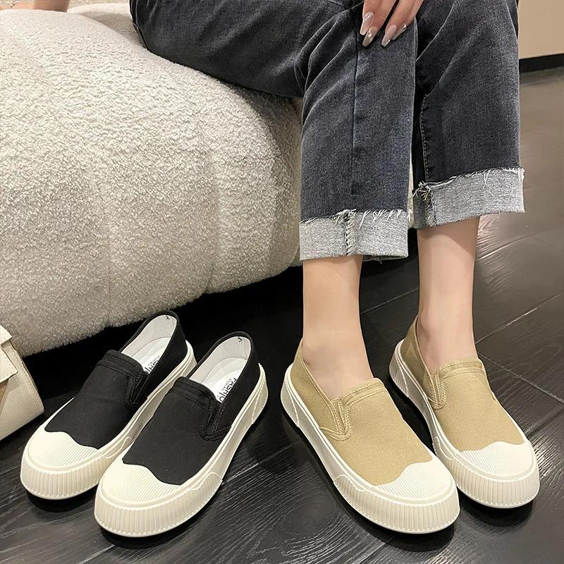 Thick-soled Canvas Casual Shoes for Women Loafers Design Sense Women's Sneakers Slip-on Flat-bottom Outdoor Walking Flats Shoes