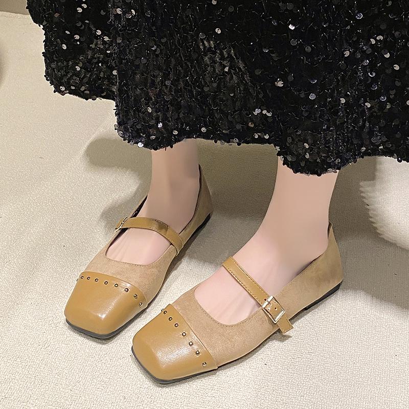 Fashion Women's Fashion Flat Shoes Square Head Shallow Mouth Splicing Suede Rivet Soft Sole Anti-slip Wear-resistant Single Shoes