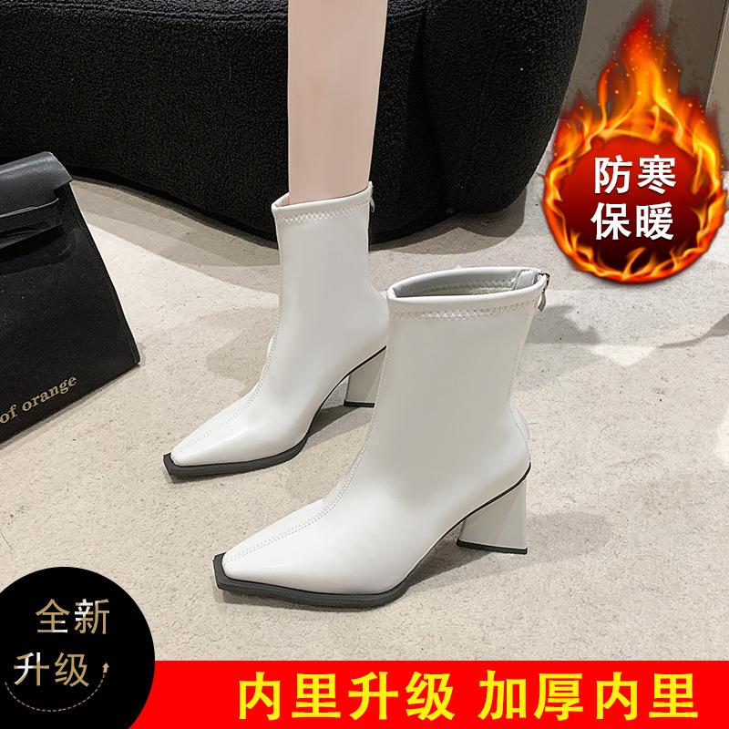 Short boots women's high heels 2024 autumn and winter new velvet thick heel French small ankle boots rear zipper elastic pointed thin boots