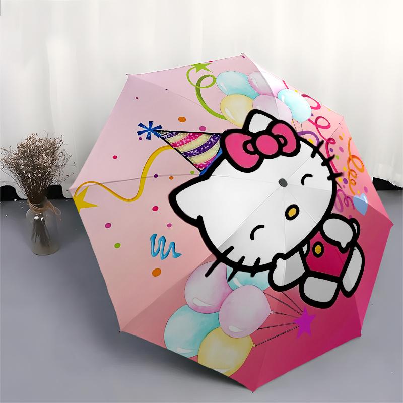 Hello Kitty, balloons Automatic Open/Close Umbrella Cute Umbrella with Cute Design, Portable 3 Fold Compact Umbrella for Men & Women, Hallow