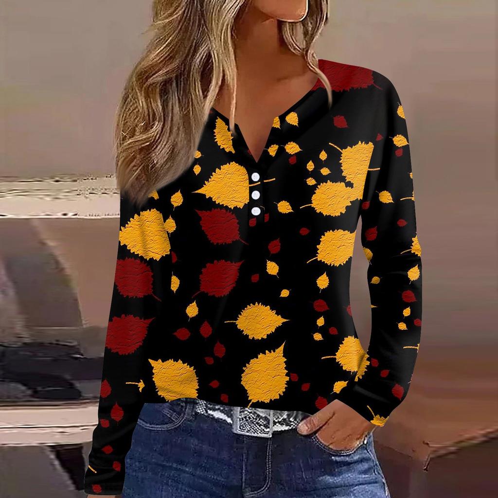 Жен. Футболка Футболка на пуговицах с длинным рукавом Повседневные Выходные Мода Классический Топ с v-образным вырезом Обычный