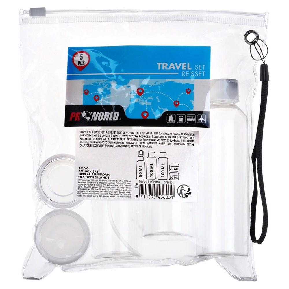 Bottles travel containers for cosmetics for the plane with a 5-piece cosmetics bag.