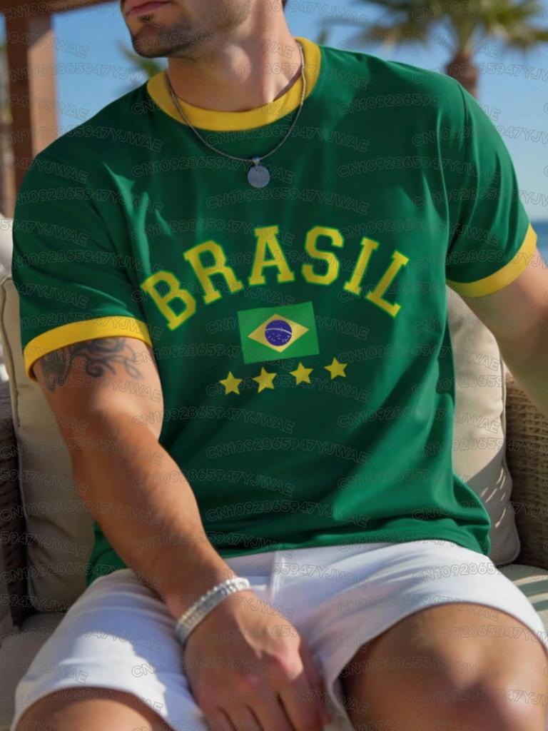 Summer Men's Women's Short Sleeve T-Shirt Brazil Print V-Neck Graphic Tee Jerseys Plus Size Sport T-Shirt
