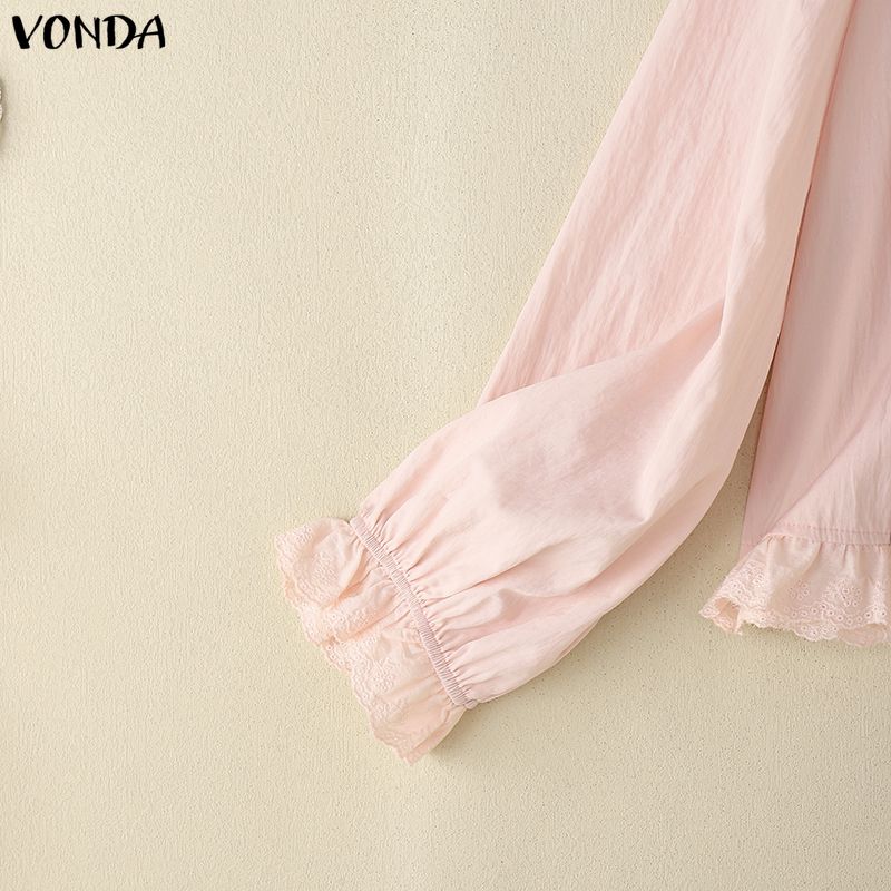 VONDA Women Casual Round Neck Ruffled Lace Hem Loose Long Sleeve Blouse