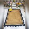 Aizza Trends Indian Handmade Braided Natural Jute with Navy Blue Scalloped Design Area Rug- Jute Rug- Dining Room- Living Room