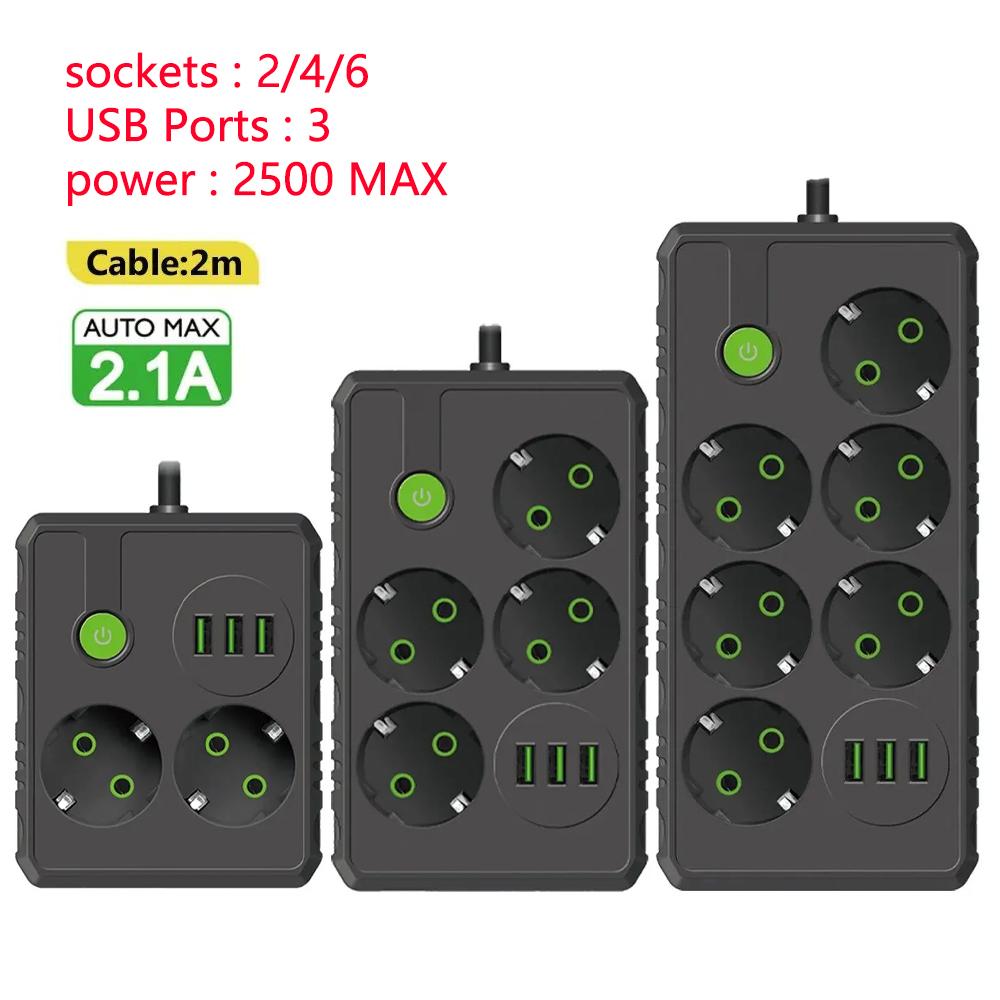 Розетка европейского стандарта 2/4/6 розеток, удлинитель с несколькими ответвлениями, электрическая розетка, удлинитель 2 м с 3 портами USB, максимальная мощность 2500 Вт, 1 выключатель
