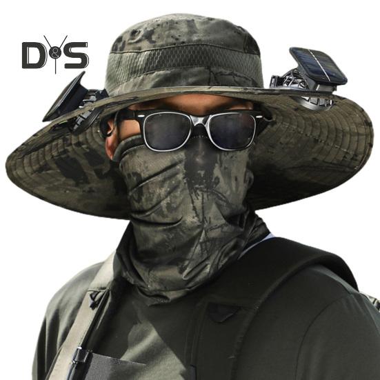 Men Fisherman Hat with 2 Solar Fan Large Brim Windproof Strap USB Charging Anti-UV Sunlight Protection Quick Dry Great Breathability Outdoor Fishing