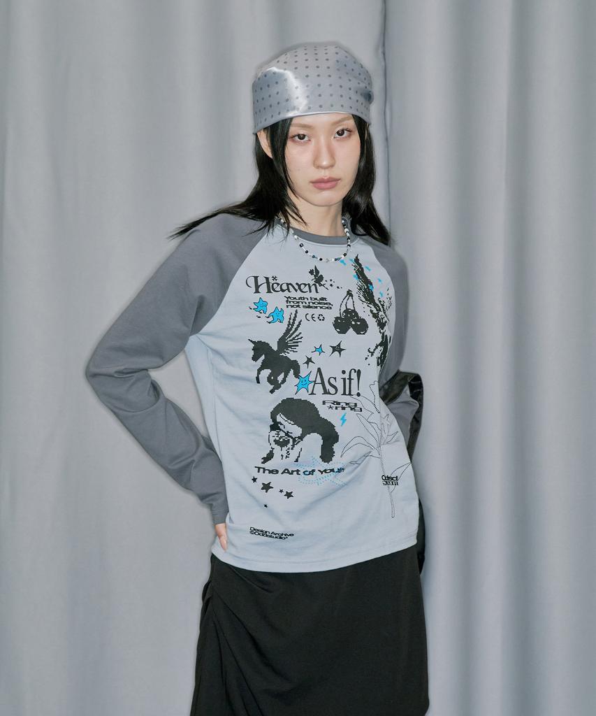 ODDSTUDIO Kitsch Stamp Pintuck Raglan Long Sleeve - Gray Blue