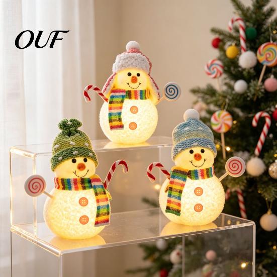 LED Light Up Christmas Tree Decoration Lighted Snowman Ornament with Knitted Hat, Warm Macaron Color Hanging Pendant for Tree, Cute Tabletop