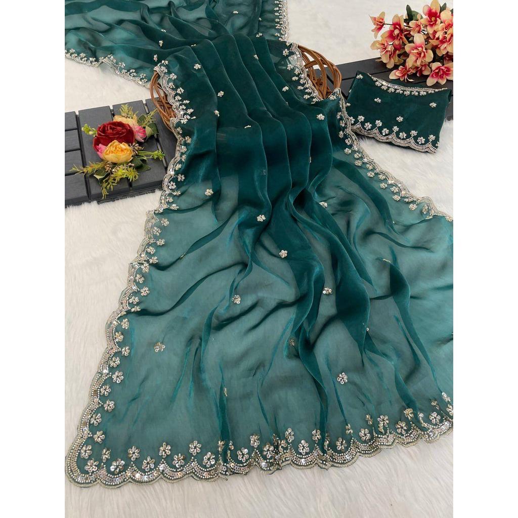 Последнее новое свадебное сари Тяжелая вышивка Настоящий Wal и Moti с пайетками*