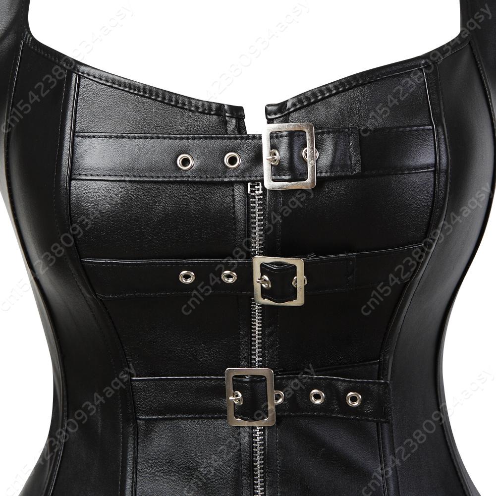 Женский корсет-бюстье в стиле стимпанк с застежкой-молнией, черный кожаный корсет с бретелями
